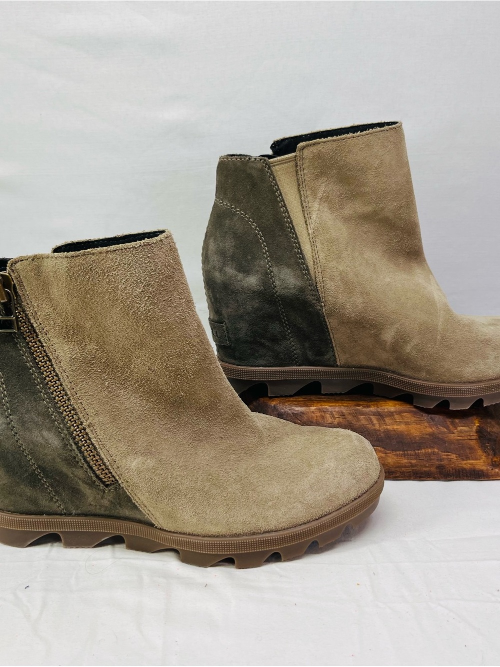 Sorel Taupe and Dark Taupe Suede Wedge Ankle Booties